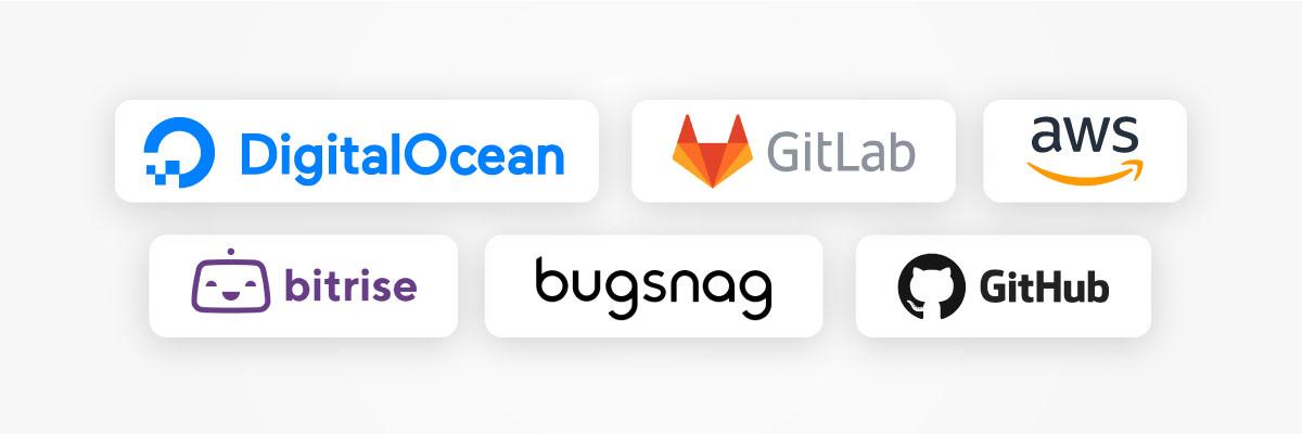 Bugsnag, Github, gitlab, bitrise, digital ocean, aws Bugsnag, Github, gitlab, bitrise, digital ocean, aws