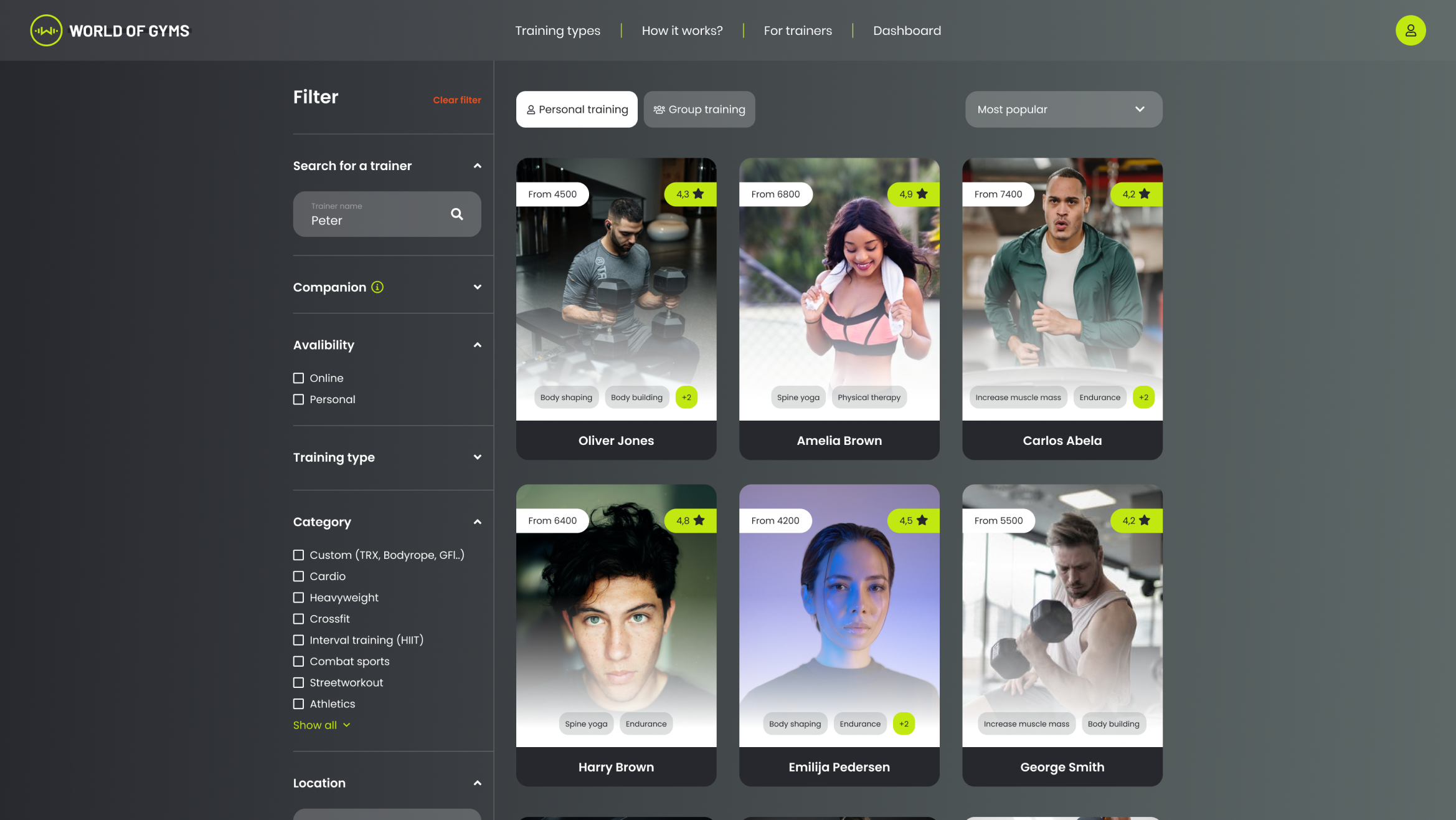 Trainer search and filtering